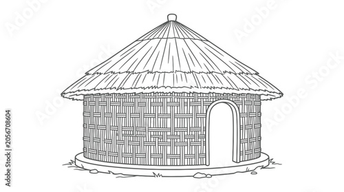Canvastavla Traditional round hut with conical thatched roof and woven textured walls, isolated white background, cultural dwelling line art