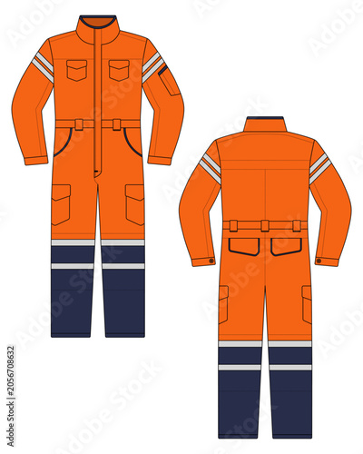 Safety Coverall Workwear Uniform Vector Template - Front and Back View Orange and Navy Blue Industrial Protective Jumpsuit Technical Flat Sketch