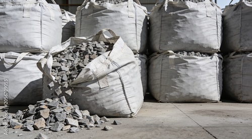 Gravel-filled jumbo bags arranged in industrial warehouse environment