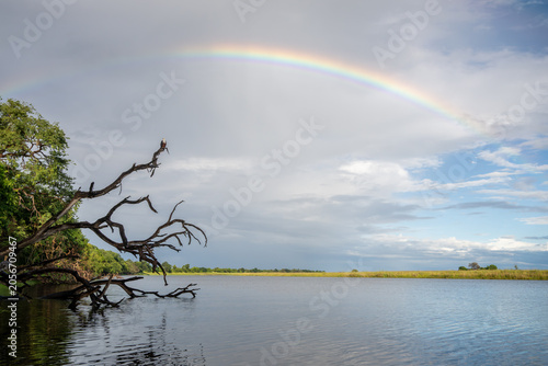 Rainbow in the sky on a rainy day on Chobe River, Botswana