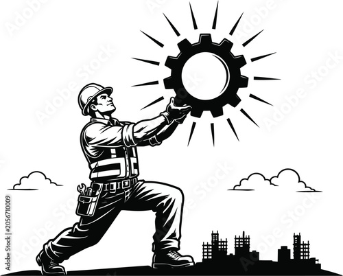 Construction worker holding a gear like a sun over a city skyline