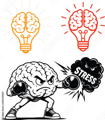 Brain light bulb icons and a cartoon brain character boxing against stress