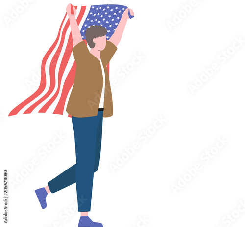 Fotografia A person joyfully celebrates national pride while holding an American flag aloft