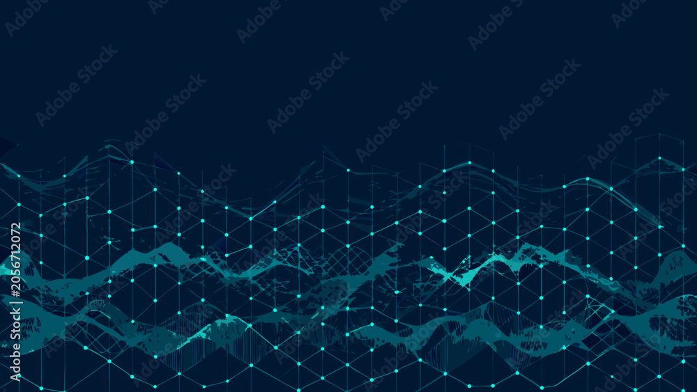 Fotografie Geometric network pattern with connected nodes and undulating lines on a dark bl