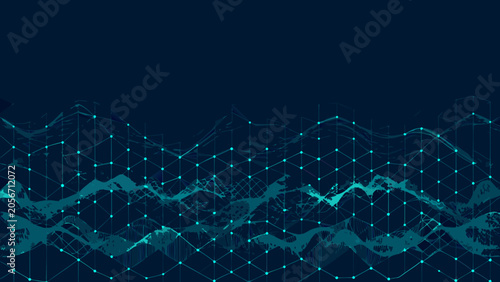 Foto Geometric network pattern with connected nodes and undulating lines on a dark bl