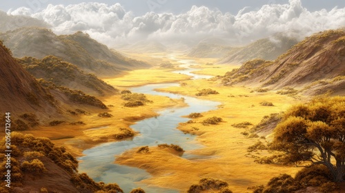 Golden Honey River Winding Through Mountain Valley in Surreal Landscape