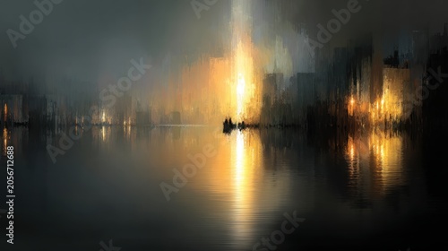 Abstract New Year Concept with Glowing City Light Reflecting on Dark Water