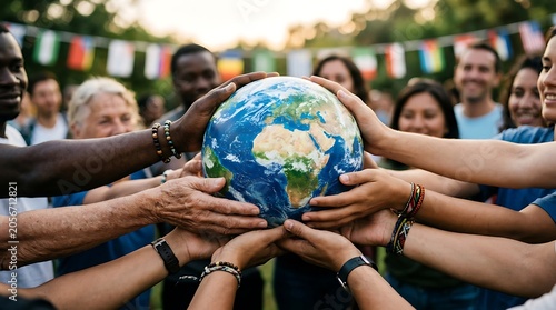 Diverse hands holding globe symbolizing unity and environmental care