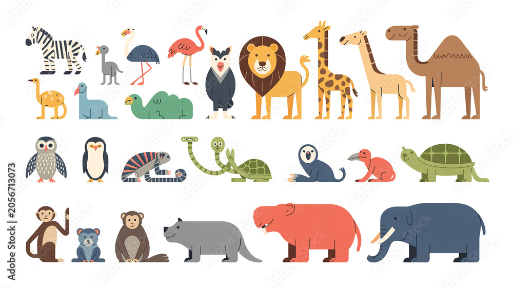 Obraz premium Cute cartoon animal set featuring farm and wild zoo animals like elephant, giraffe, lion, zebra, cow, horse, sheep, pig and dog illustration collection