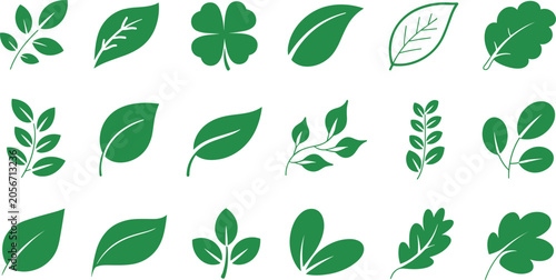 Fotografie Green leaves silhouette vector icon set with minimalist eco foliage shapes and b