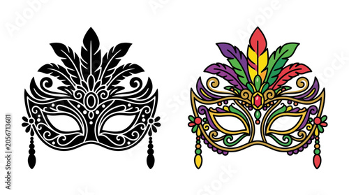 Fényképezés Venetian Masquerade Masks Black Silhouette And Colorful Vector Illustration