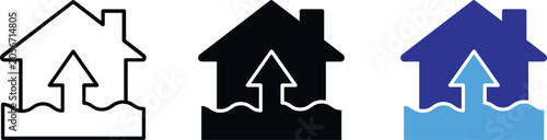 House Flooding Icon Set Symbolizing Natural Disaster Flood Risk And Rising Water Levels