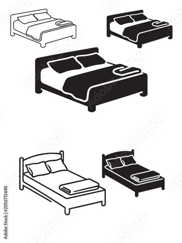 Bed icons set with various styles of furniture for bedroom interior design and hotel accommodation