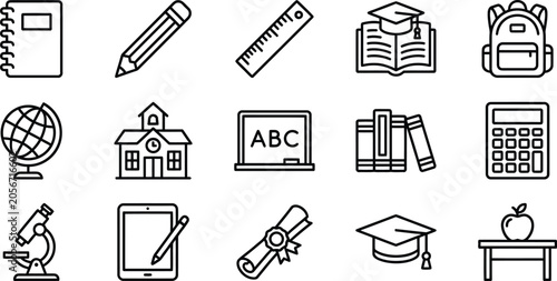 Silhouette of various school supplies and education icons isolated on transparent background