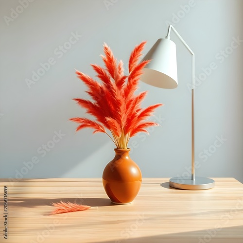A crisp and modern minimalist composition featuring a glossy, terracotta-orange clay vase holding a vibrant bunch of bright red or deep coral pampas grass. The arrangement sits on a light wooden surfa