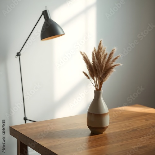 A small ceramic vase filled with warm-toned pampas grass is displayed on a wooden table beneath a black adjustable lamp. Sunlight entering from the side creates soft shadows, enhancing the clean and c