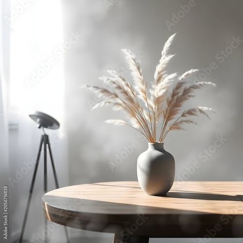 A soft and elegant interior composition featuring a gray ceramic vase filled with white pampas grass. The bright natural lighting and subtle background elements create a serene atmosphere, emphasizing