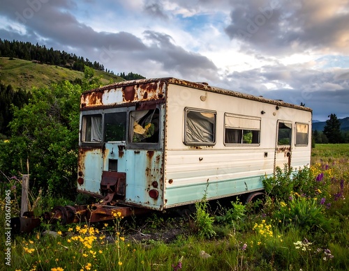 Rustic vintage train car in lush green forest setting.