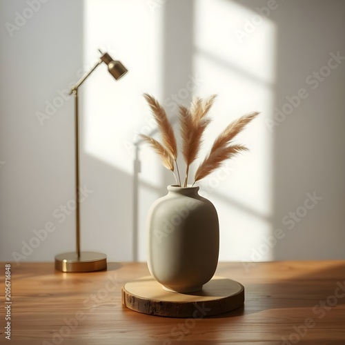 A neutral-toned ceramic vase filled with pampas grass is positioned on a wooden surface beside a slender floor lamp. Sunlight streaming through a nearby window casts geometric shadows on the wall, cre
