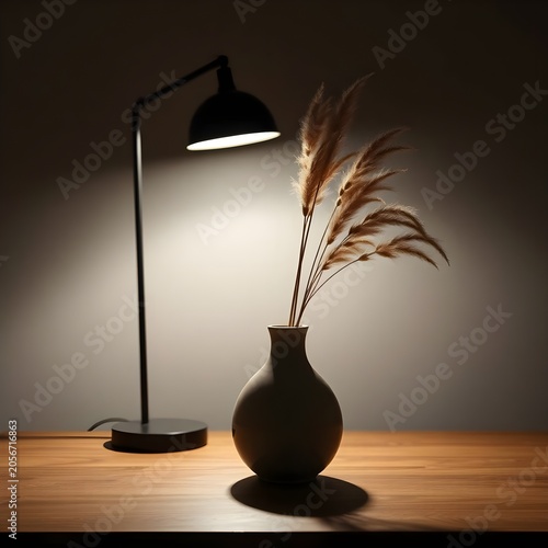 A dark ceramic vase filled with dried pampas grass is placed beneath a sleek black floor lamp. The focused lighting creates dramatic shadows and highlights, producing a sophisticated and modern interi