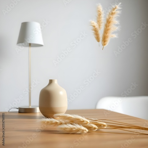 A minimalist composition showcasing a beige ceramic vase on a wooden table beside a simple white lamp. Pampas grass stems float gracefully above the vase while additional stems rest on the table, crea