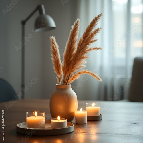 A warm and inviting interior scene featuring a beige ceramic vase filled with dried pampas grass. Soft candlelight and a modern floor lamp create a cozy atmosphere, while the natural tones and blurred