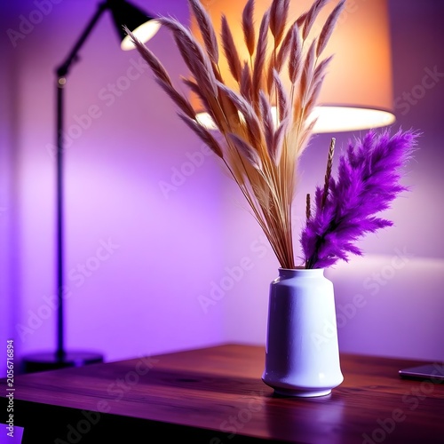 A stylish white ceramic vase filled with beige and vibrant purple pampas grass stands on a tabletop in a modern interior. The scene is illuminated by dramatic purple ambient lighting and a contemporar