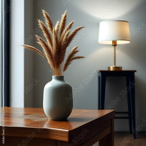 A contemporary home decor arrangement featuring a gray ceramic vase filled with pampas grass placed on a wooden table. A table lamp in the background adds warmth and depth, creating a balanced and inv