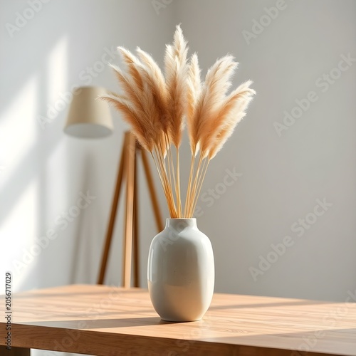 A bright and airy interior scene featuring a white ceramic vase overflowing with soft pampas grass. Natural sunlight casts gentle shadows across the wall, enhancing the clean, minimalist aesthetic and