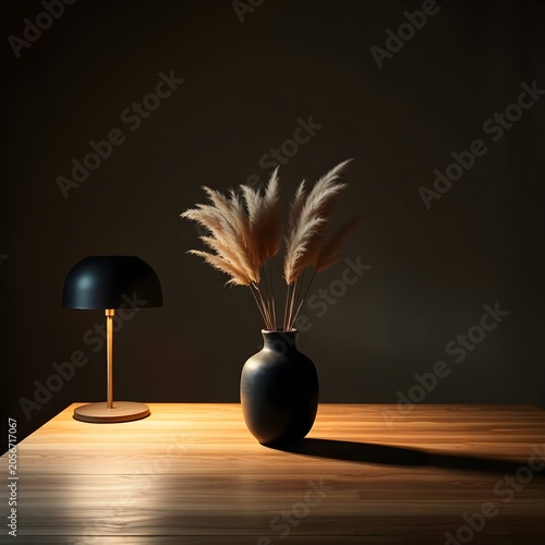 A minimalist composition featuring a small black vase with white pampas plumes placed on a wooden tabletop. A modern black lamp sits nearby, while the dark background creates a striking contrast that 