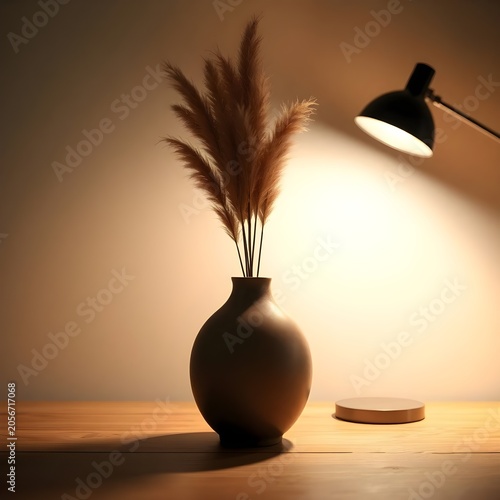 A warm and inviting interior scene showcasing a dark ceramic vase filled with tall pampas grass beneath a modern black lamp. The focused light creates a dramatic spotlight effect, emphasizing the text