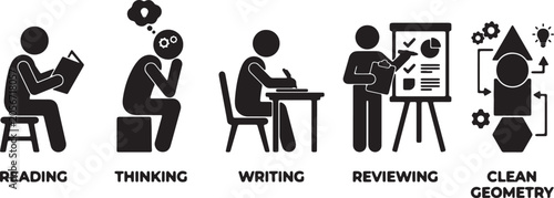 Fotografija Stick Figure Process Icons: Reading, Thinking, Writing, Reviewing, and Geometric