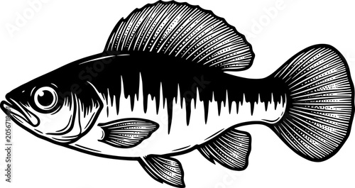 Foto Detailed black-and-white fish engraving with streamlined body, dorsal fin rays,