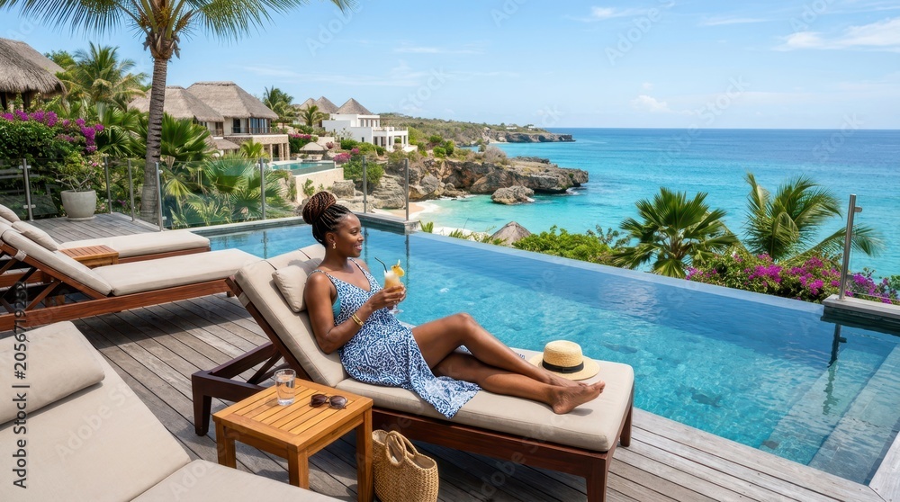 Fototapeta premium Woman relaxing by infinity pool with tropical ocean view and cocktail