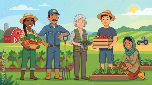 Diverse group of multi-ethnic farmers and gardeners harvesting fresh vegetables in a rural farm landscape, flat vector illustration.