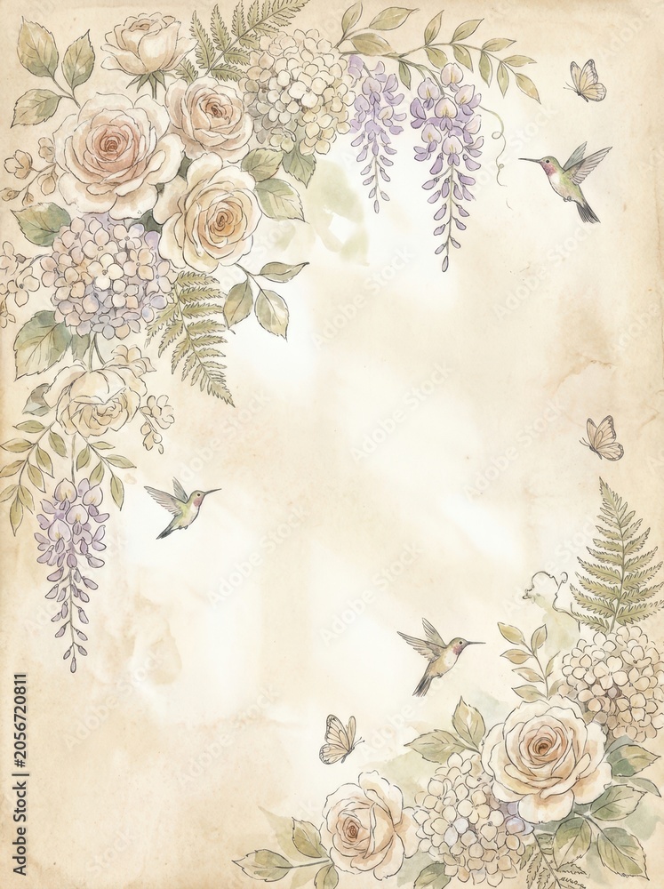 Fototapeta premium Vintage floral border with hummingbirds and butterflies on aged paper