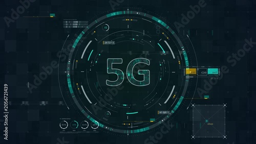 Motion graphic of 5G network HUD interface with wireless connectivity dashboard, rotating data rings, and futuristic telecom analytics for technology promotion.
