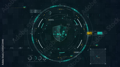 Motion graphic of cybersecurity shield HUD interface with secure network analytics, rotating dashboard rings, and digital protection display for technology promotion.