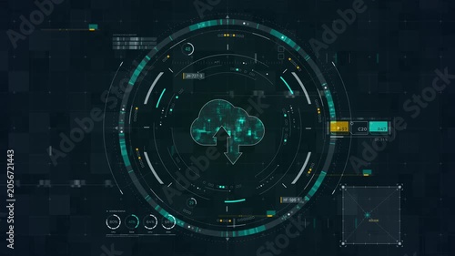 Motion graphic of cloud computing HUD interface with data transfer icon, cybersecurity dashboard rings, and futuristic network analytics for technology promotion.
