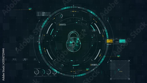 Motion graphic of cybersecurity lock HUD interface with access control dashboard, secure network analytics, and futuristic data protection for technology promotion.