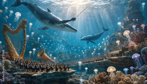 Underwater symphony with whales and jellyfish