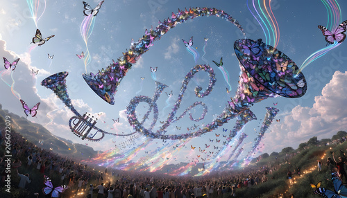 Musical instruments made of butterflies flying over a festival crowd