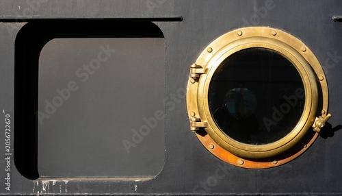 A round brass porthole on a dark ship's hull. The porthole is circular with a glass center, surrounded by a golden frame. A rectangular opening is nearby.