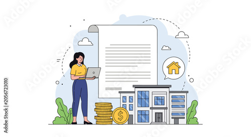 Smiling woman with laptop buying or renting property with house building, contract document, and gold coins.