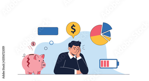 Worried businessman sitting at a table with a broken piggy bank, dollar coin, low battery, and data chart.