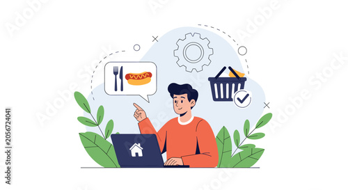 Online grocery ordering system concept with a man using a laptop to buy hotdogs and groceries with a shopping basket.