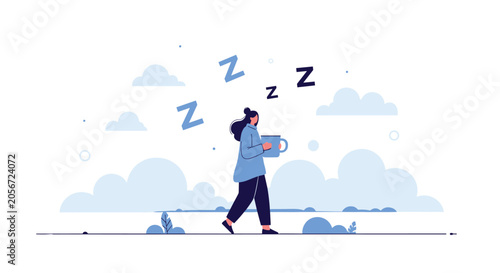 Sleepy young woman walking with a large coffee cup while dreaming of sleep represented by floating letter z symbols.