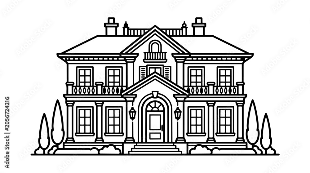 Naklejka premium Detailed line drawing of a large villa exterior with symmetrical design and ornate features