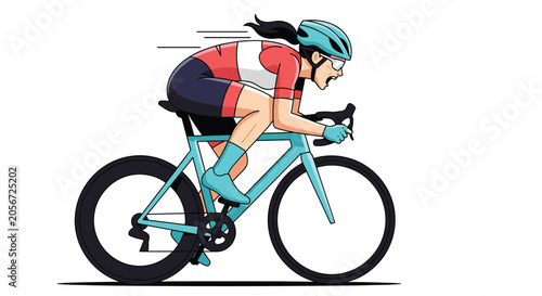 Female professional cyclist riding her racing bicycle at high speed in an outdoor competition or training.