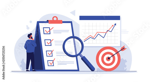 Professional business analyst standing in front of a giant checklist and target board to evaluate key metrics.